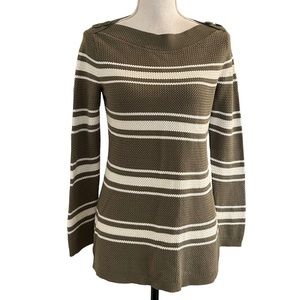 Talbots BASKET WEAVE SWEATER STRIPE Women’s SZ Medium Olive & White Knit Fall